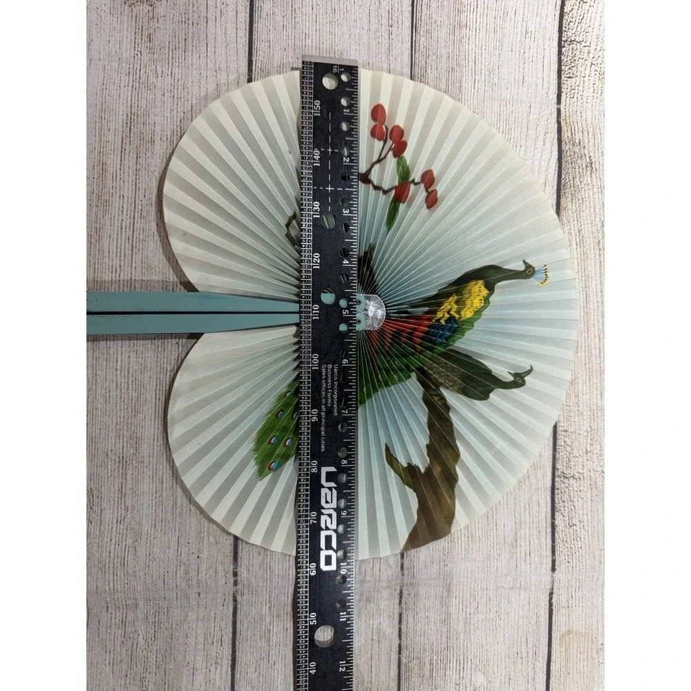 Vintage Chinese Paper Folding Metal Handle Fan Peacocks Cherry Blossoms Tub14